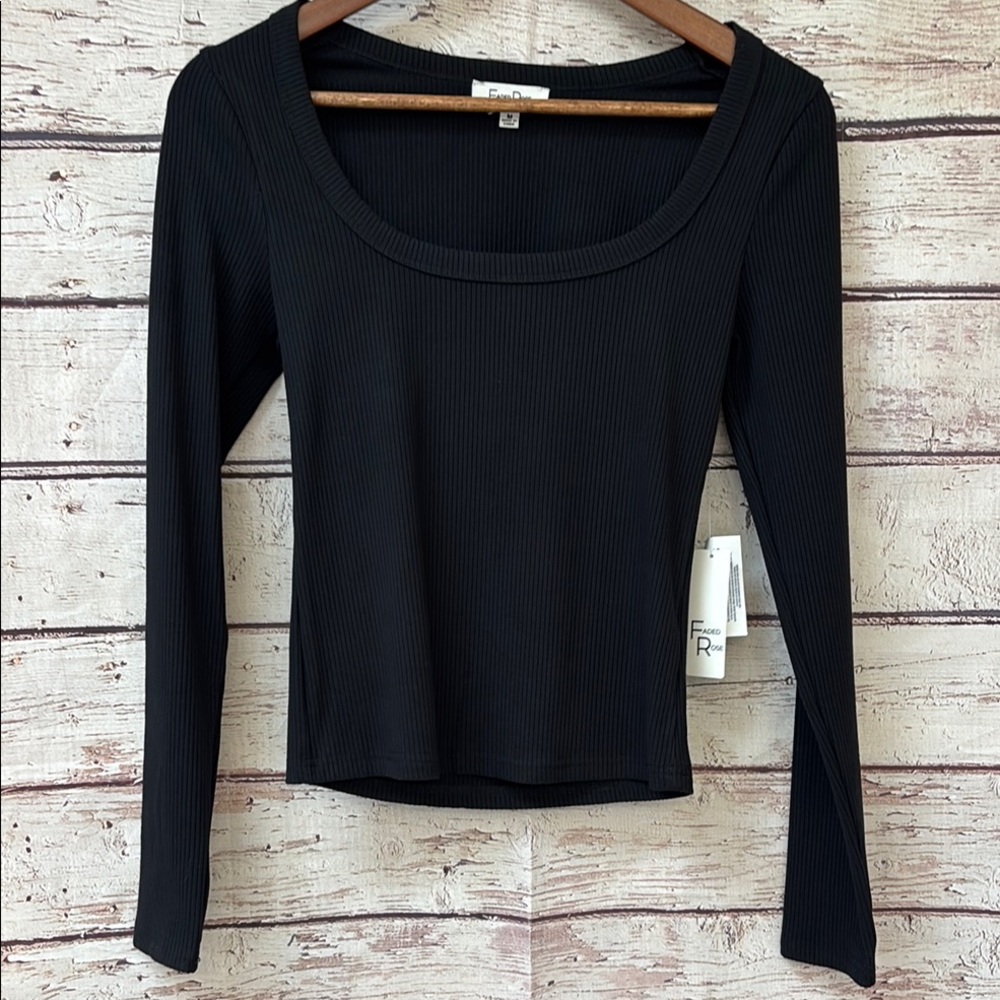 Ruche Black Ribbed Long Sleeve Scoop Neck Top